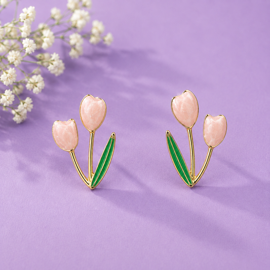 Pink tulip flower earrings with green leaves and gold-tone detailing for women