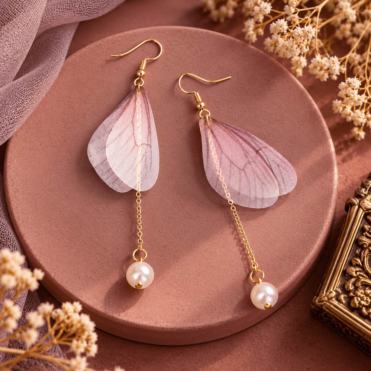 Pink butterfly lightweight earrings with long pearl hanging by The Mirage Fashion
