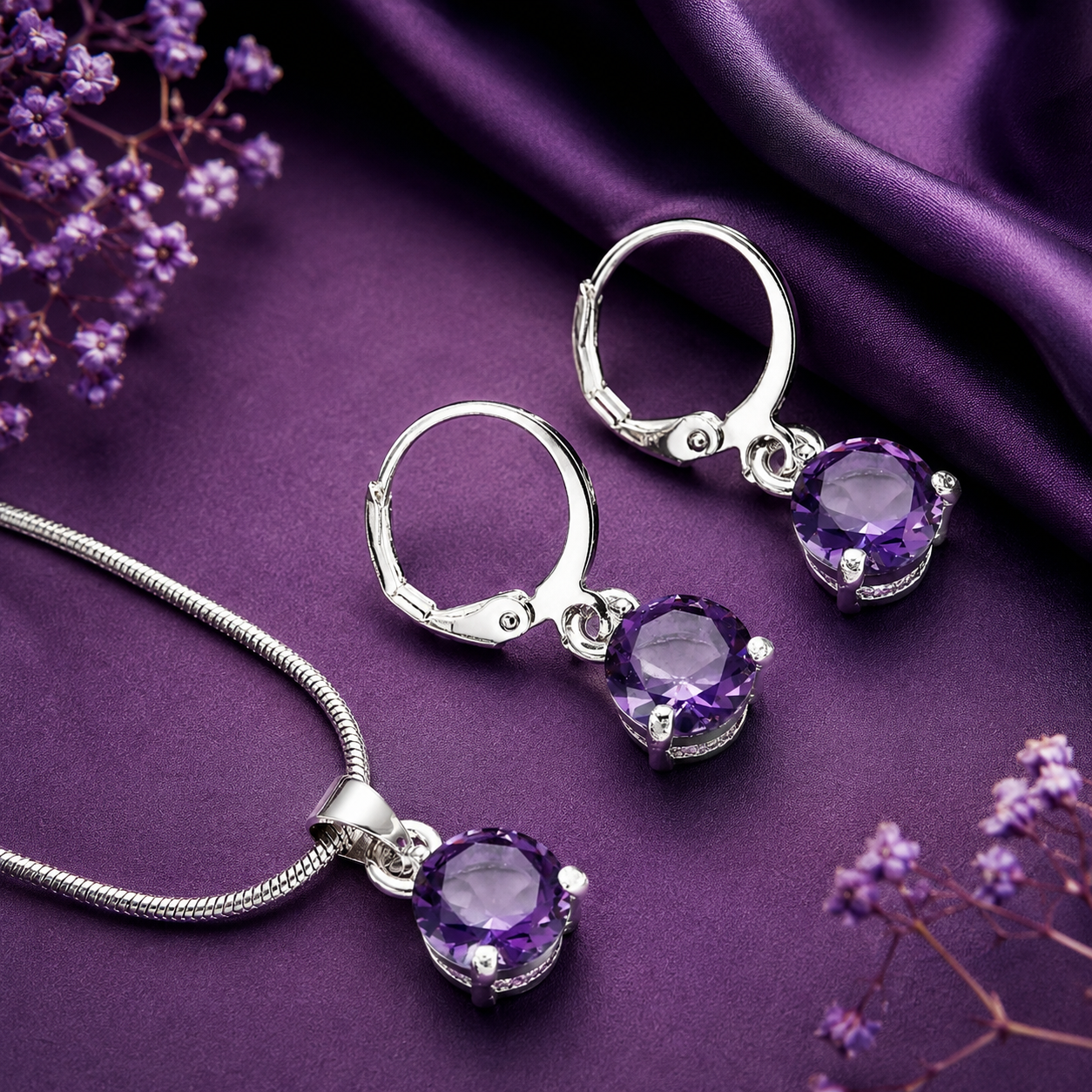 Purple crystal pendant necklace and matching earrings set for women