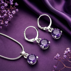 Purple crystal pendant necklace and matching earrings set for women
