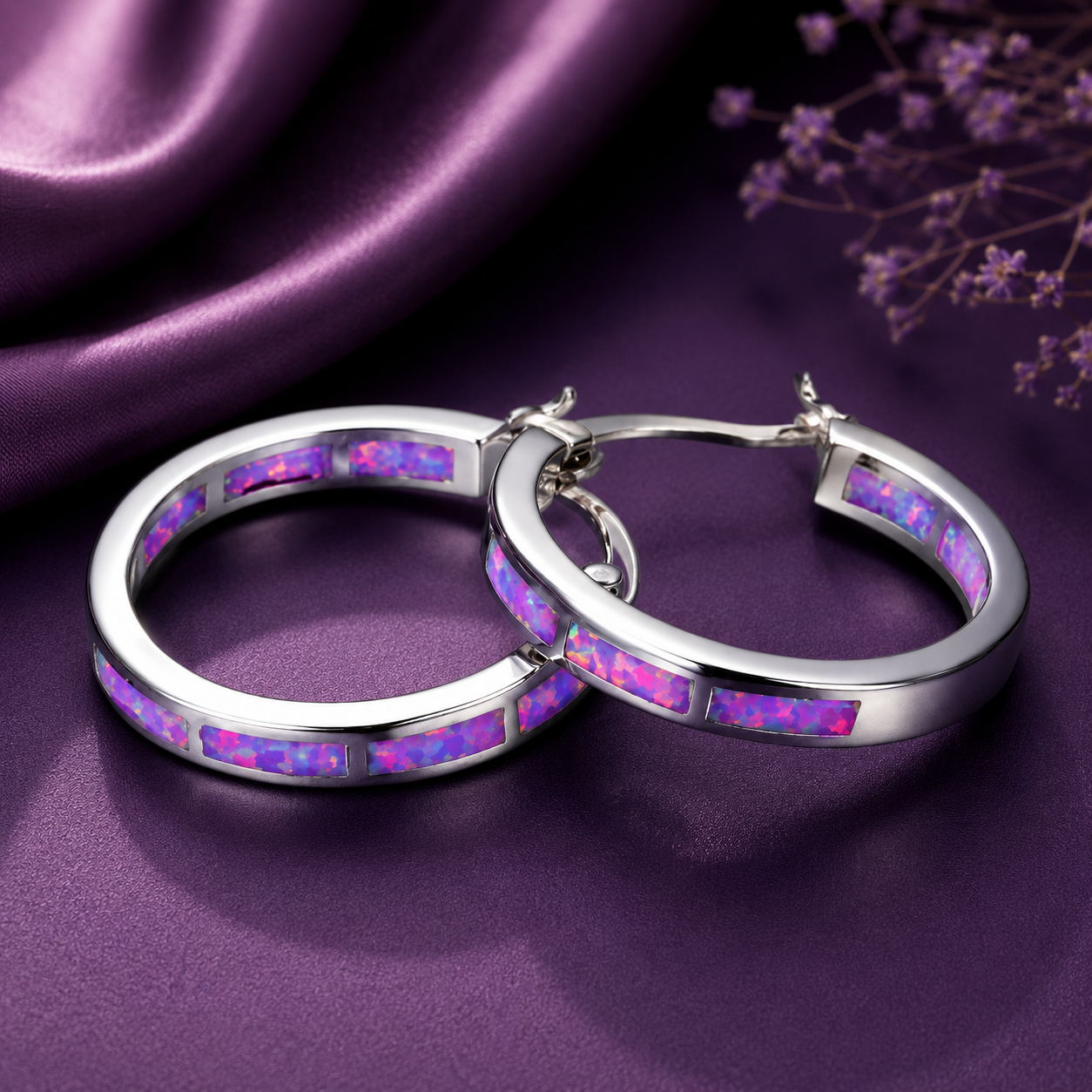 Purple pink iridescent opal effect hoop earrings for women