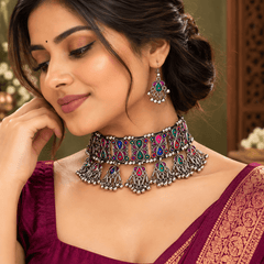 Rang Mahal Multicolour Oxidized Choker Set with Earrings | The Mirage Fashion