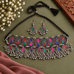 Rang Mahal Multicolour Oxidized Choker Set with Earrings | The Mirage Fashion