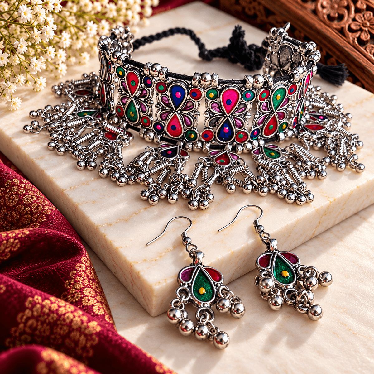 Rang Mahal Multicolour Oxidized Choker Set with Earrings | The Mirage Fashion