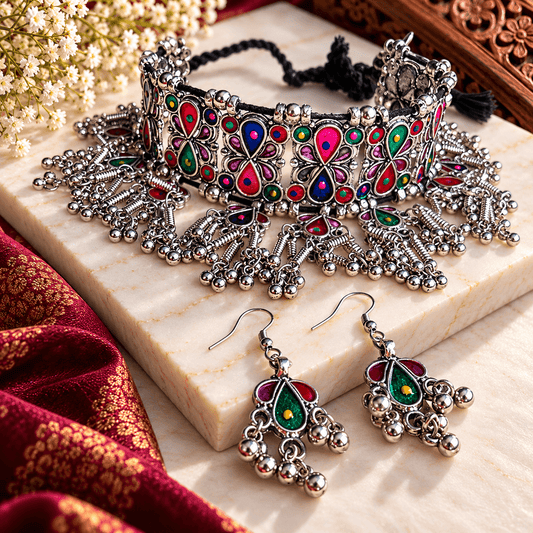 Rang Mahal Multicolour Oxidized Choker Set with Earrings | The Mirage Fashion