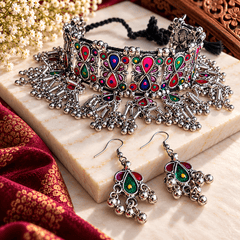 Rang Mahal Multicolour Oxidized Choker Set with Earrings | The Mirage Fashion