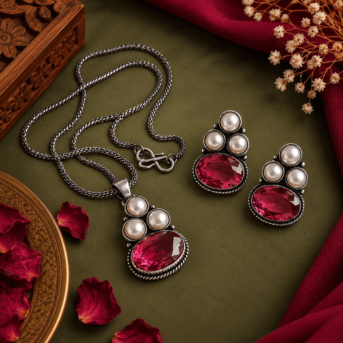Red oxidized pendant necklace set with red stone and pearl earrings