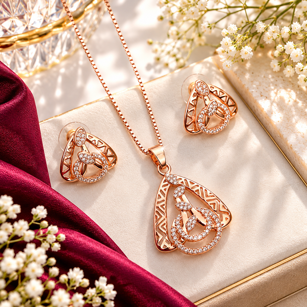 Rose Gold AD Diamond Geometric Pendant Set with Earrings | The Mirage Fashion