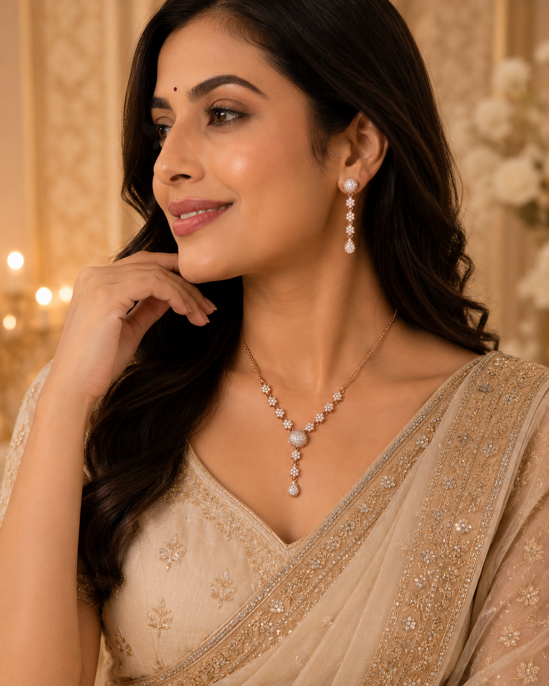 Rose gold American Diamond necklace set with matching earrings for women