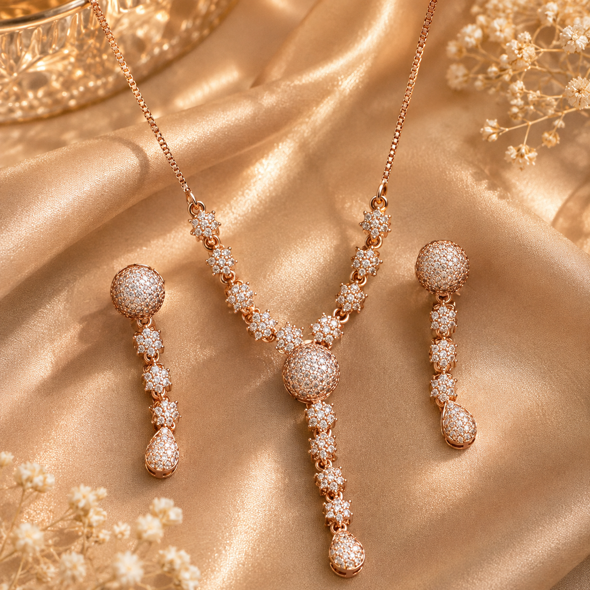 Rose gold American Diamond necklace set with matching earrings for women