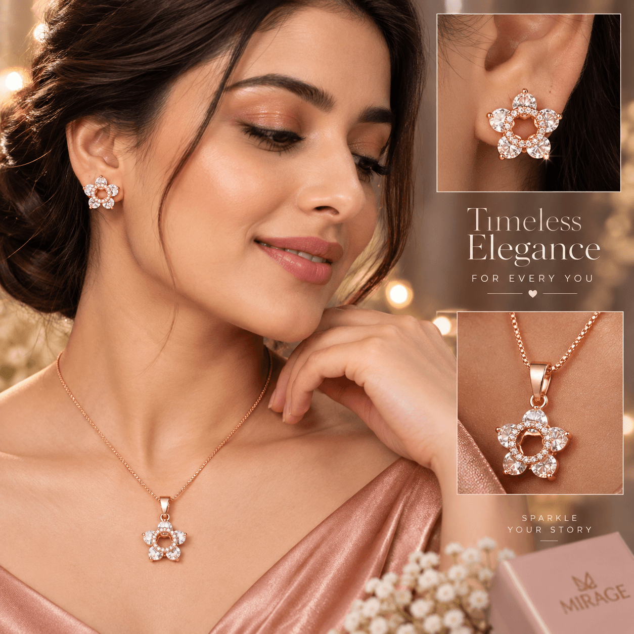 Rose gold floral necklace and earrings set with sparkling stones for women