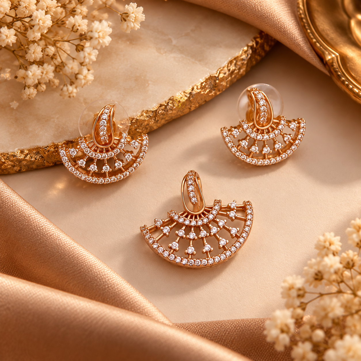 Rose gold crystal fan drop earrings for women