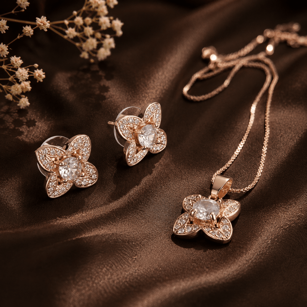 Rose gold floral necklace and earrings set with sparkling stones for women