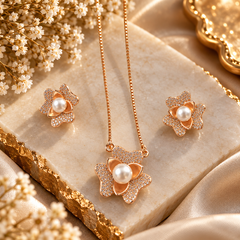 Rose Gold Floral Pearl Necklace & Earrings Set for Women | The Mirage Fashion