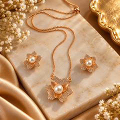 Rose Gold Floral Pearl Necklace & Earrings Set for Women | The Mirage Fashion