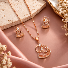 Rose gold geometric crystal necklace and matching earrings set for women