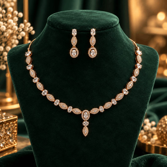 Rose gold pendant necklace and earrings set with oval and marquise sparkling details for women