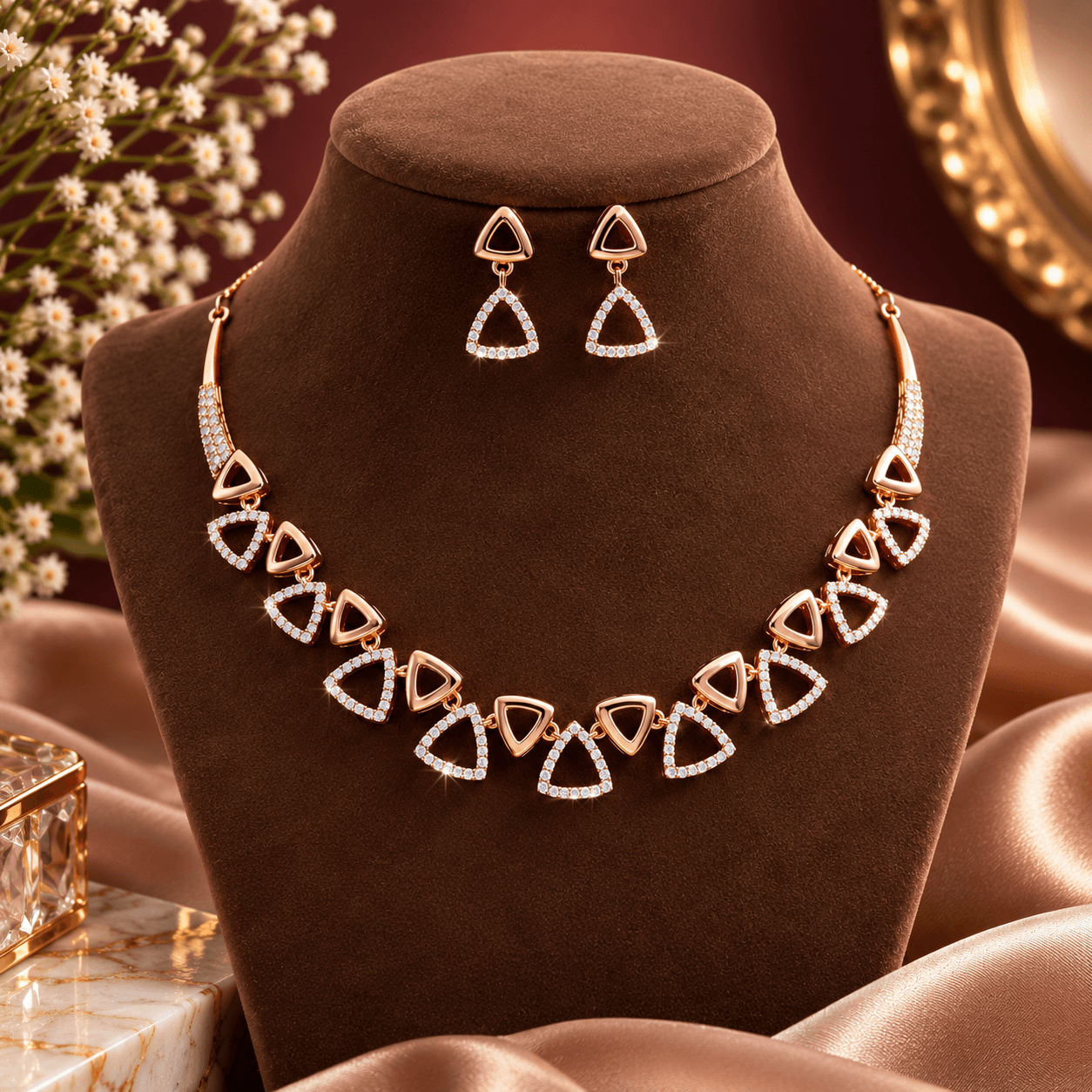 Rose gold triangle necklace and earrings set with sparkling stone detailing for women