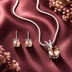 Round cut pink crystal pendant necklace and matching stud earrings set for women