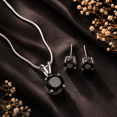 Round cut black crystal pendant necklace and matching stud earrings set for women
