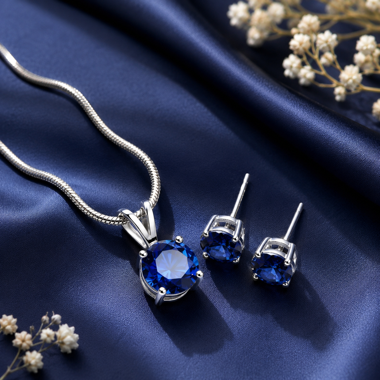Round cut blue crystal pendant necklace and matching stud earrings set for women
