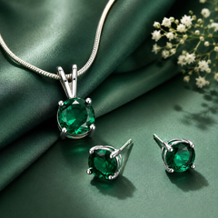 Round cut green  crystal pendant necklace and matching stud earrings set for women