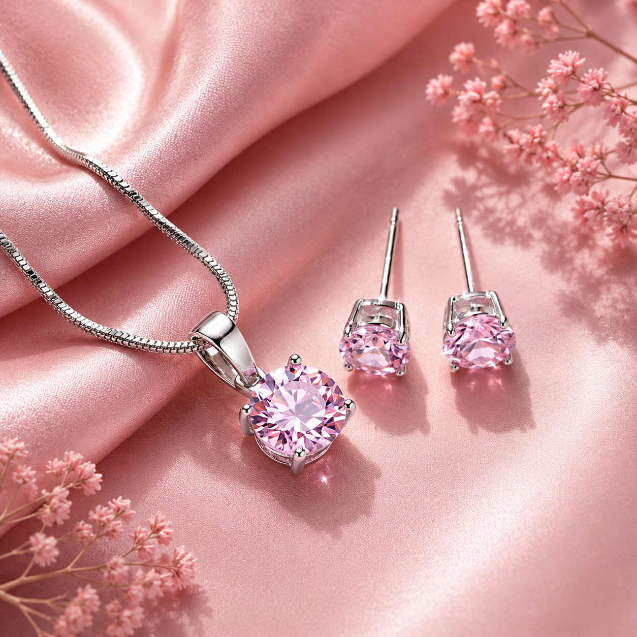 Round cut pink crystal pendant necklace and matching stud earrings set for women