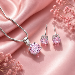 Round cut pink crystal pendant necklace and matching stud earrings set for women