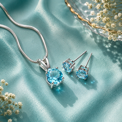 Round cut blue crystal pendant necklace and matching stud earrings set for women