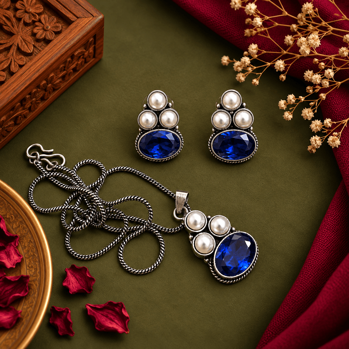 Royal Blue Oxidized Pendant Earring Set with Pearls for Women | The Mirage Fashion