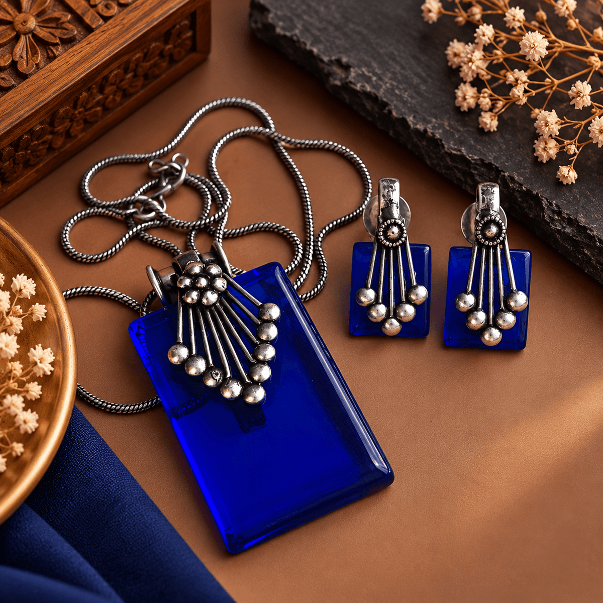 Royal Blue Oxidized Pendant Earrings Set for Women | The Mirage Fashion