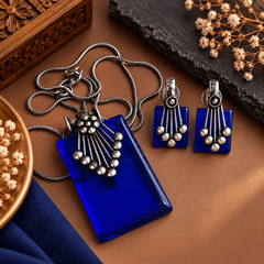 Royal Blue Oxidized Pendant Earrings Set for Women | The Mirage Fashion