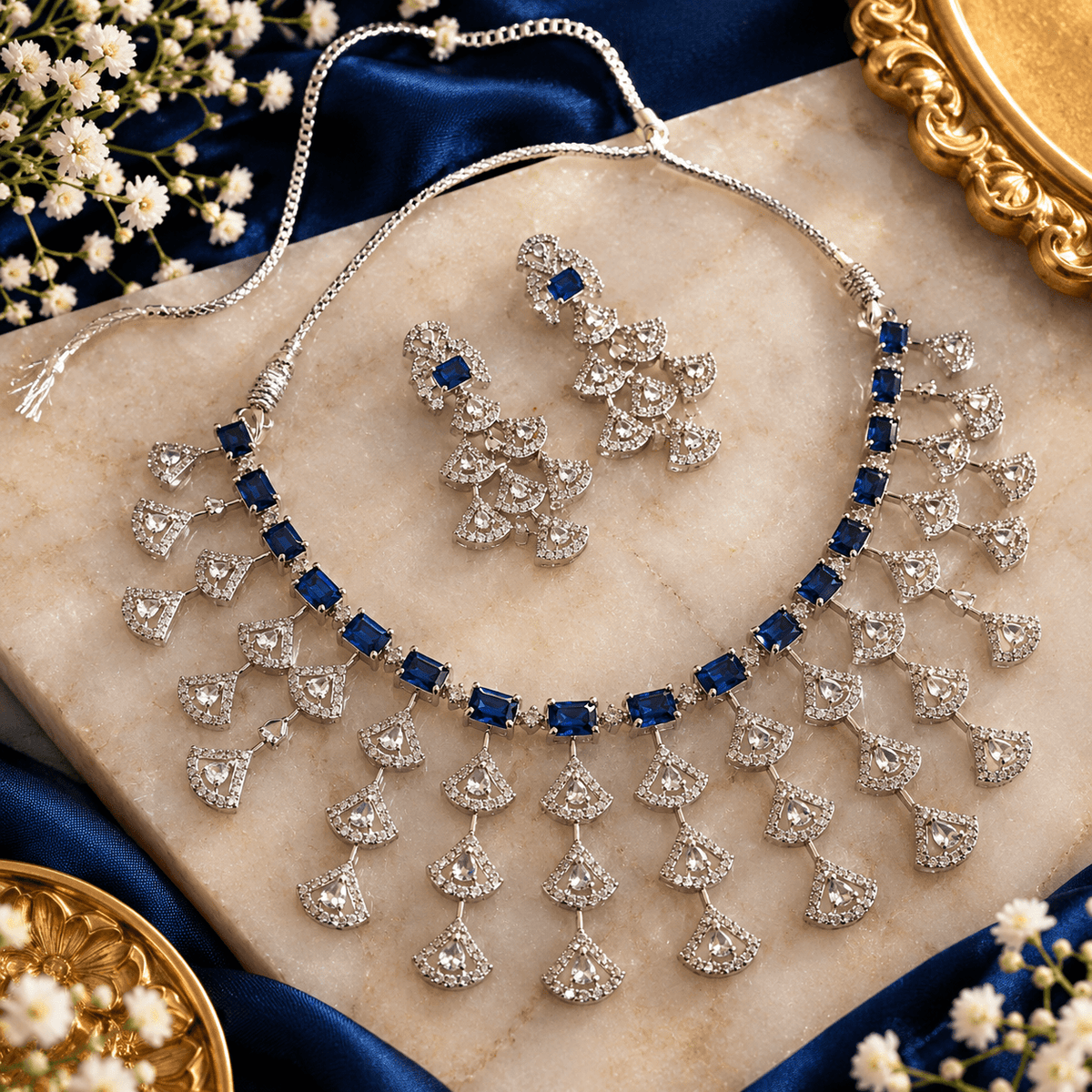 Royal Blue Sapphire Crystal Chandelier Necklace Set with Earrings | The Mirage Fashion