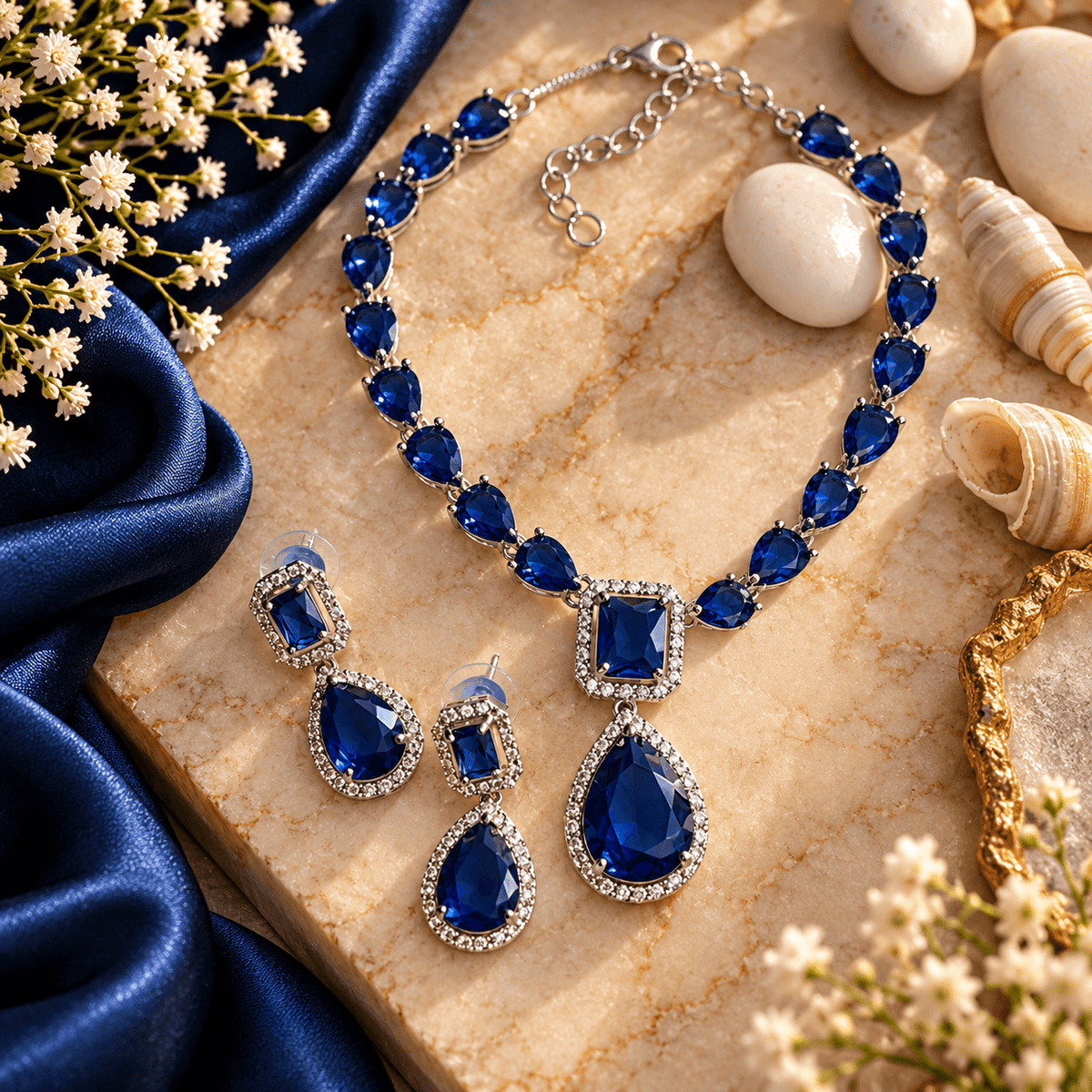 Buy royal blue necklace set online, sapphire blue crystal necklace with matching earrings, elegant blue jewellery set for wedding wear