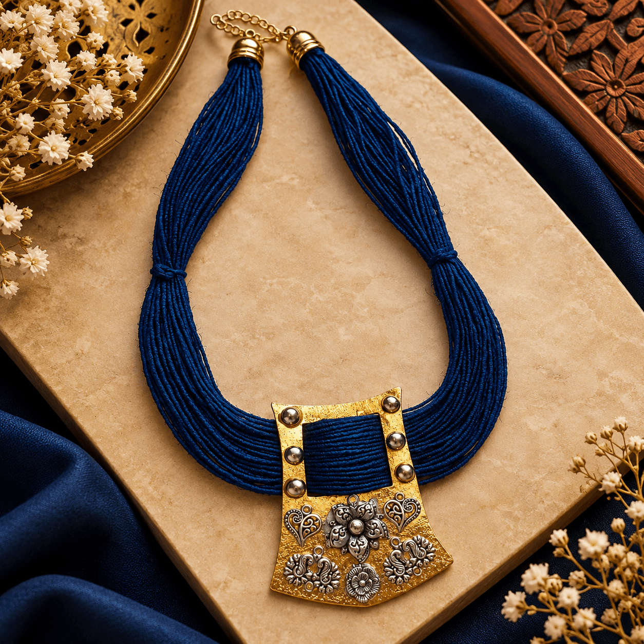 Royal blue multi-strand thread necklace with antique gold-tone tribal pendant by The Mirage Fashion