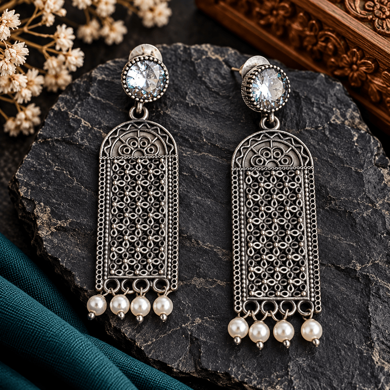 Long oxidized silver-tone filigree earrings with clear round stones and white pearl drops