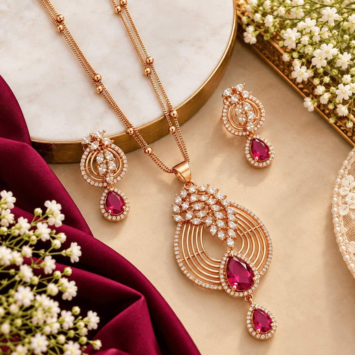 Ruby Cascade Gold-Tone Crystal Necklace Set with Earrings | The Mirage Fashion
