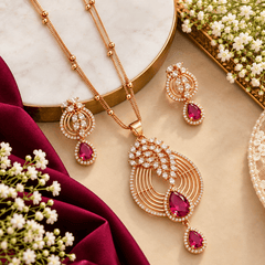 Ruby Cascade Gold-Tone Crystal Necklace Set with Earrings | The Mirage Fashion