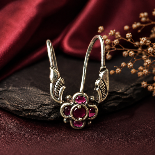 Ruby pink enamel floral open ring for women with intricate detailing