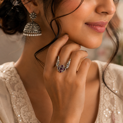 Ruby pink enamel floral open ring for women with intricate detailing