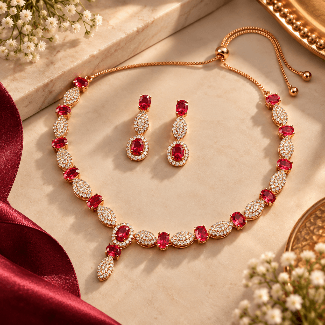 Ruby red crystal necklace and matching earrings set with gold-tone finish