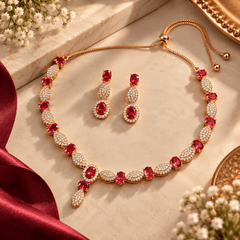 Ruby red crystal necklace and matching earrings set with gold-tone finish