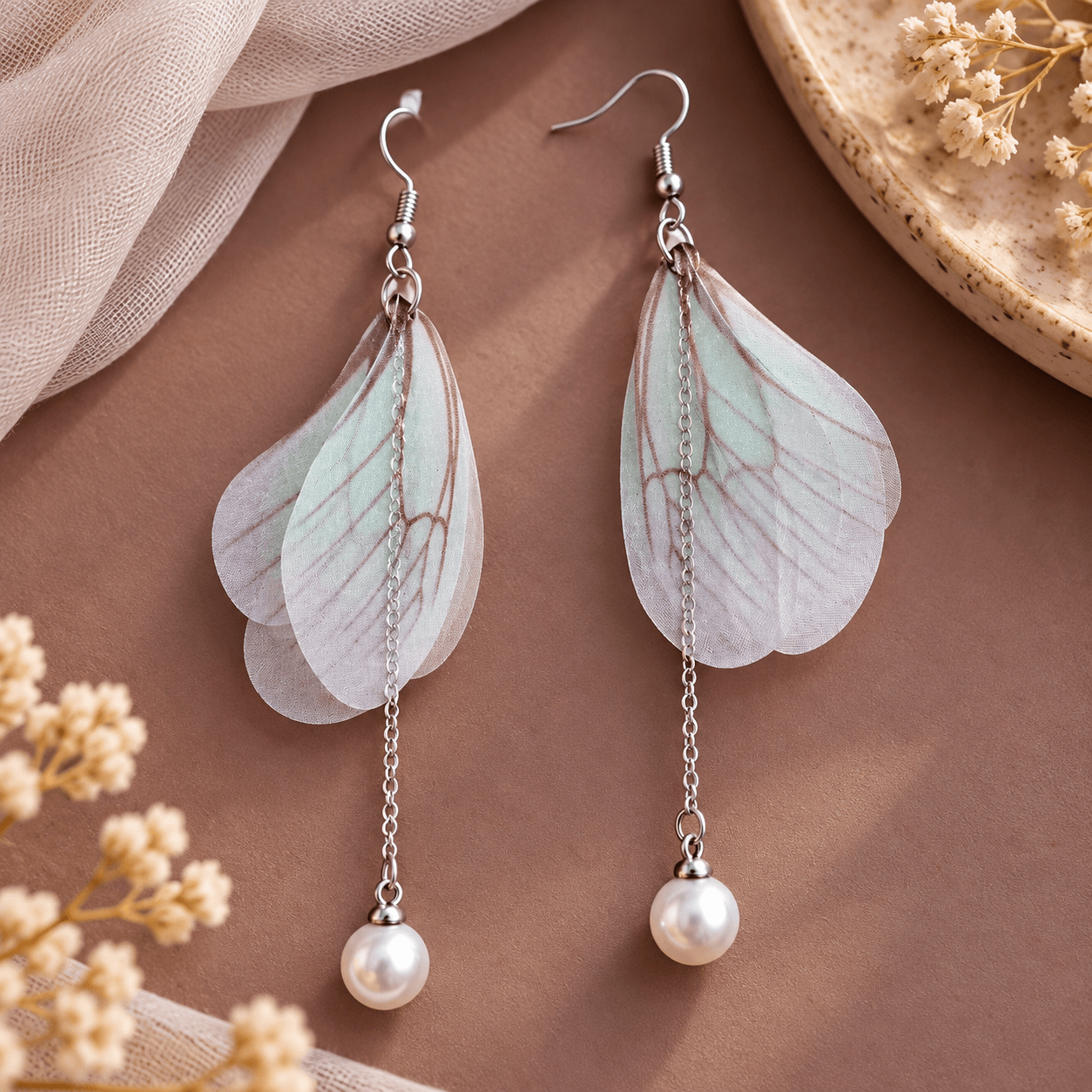White butterfly pearl drop earrings for women by The Mirage Fashion