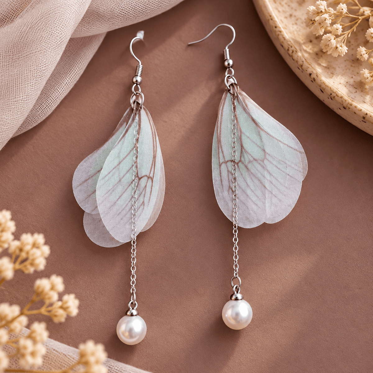 White butterfly pearl drop earrings for women by The Mirage Fashion