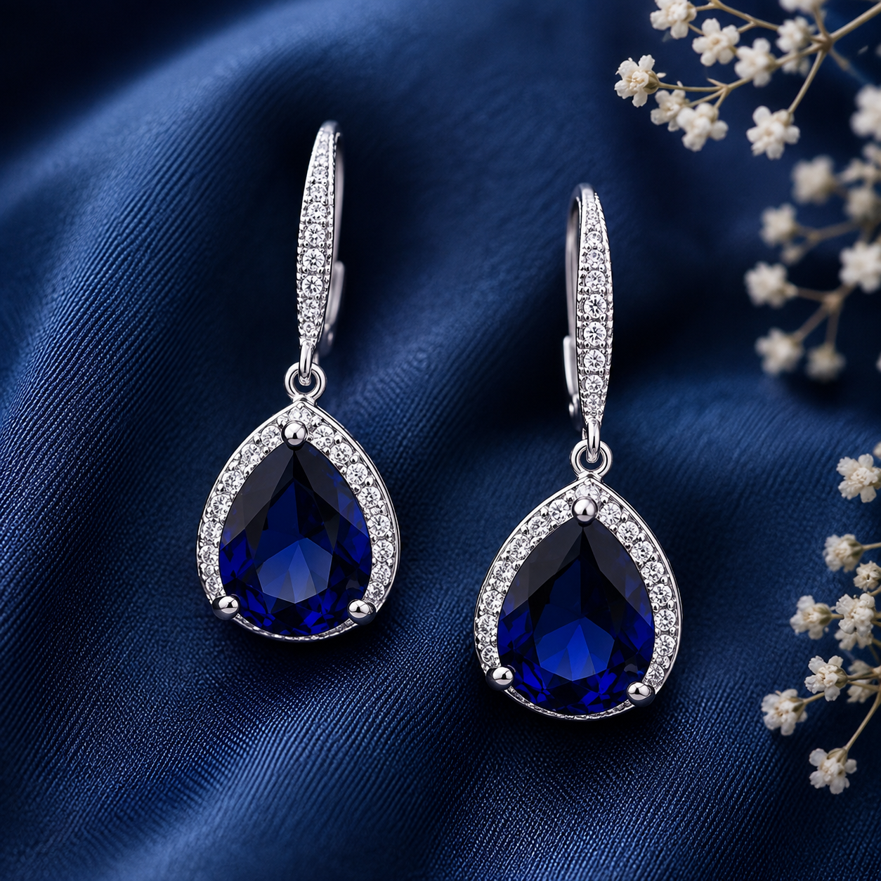 Silver teardrop drop earrings with blue crystal stone and sparkling halo for women
