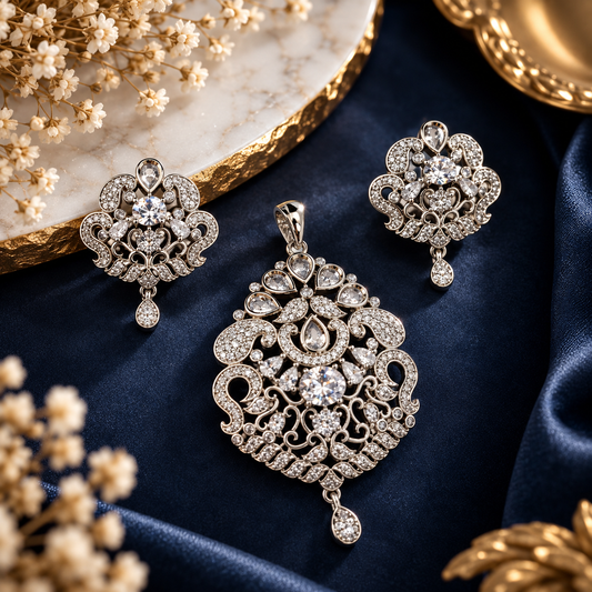 Silver Crystal Necklace & Earrings Set for Women | The Mirage Fashion