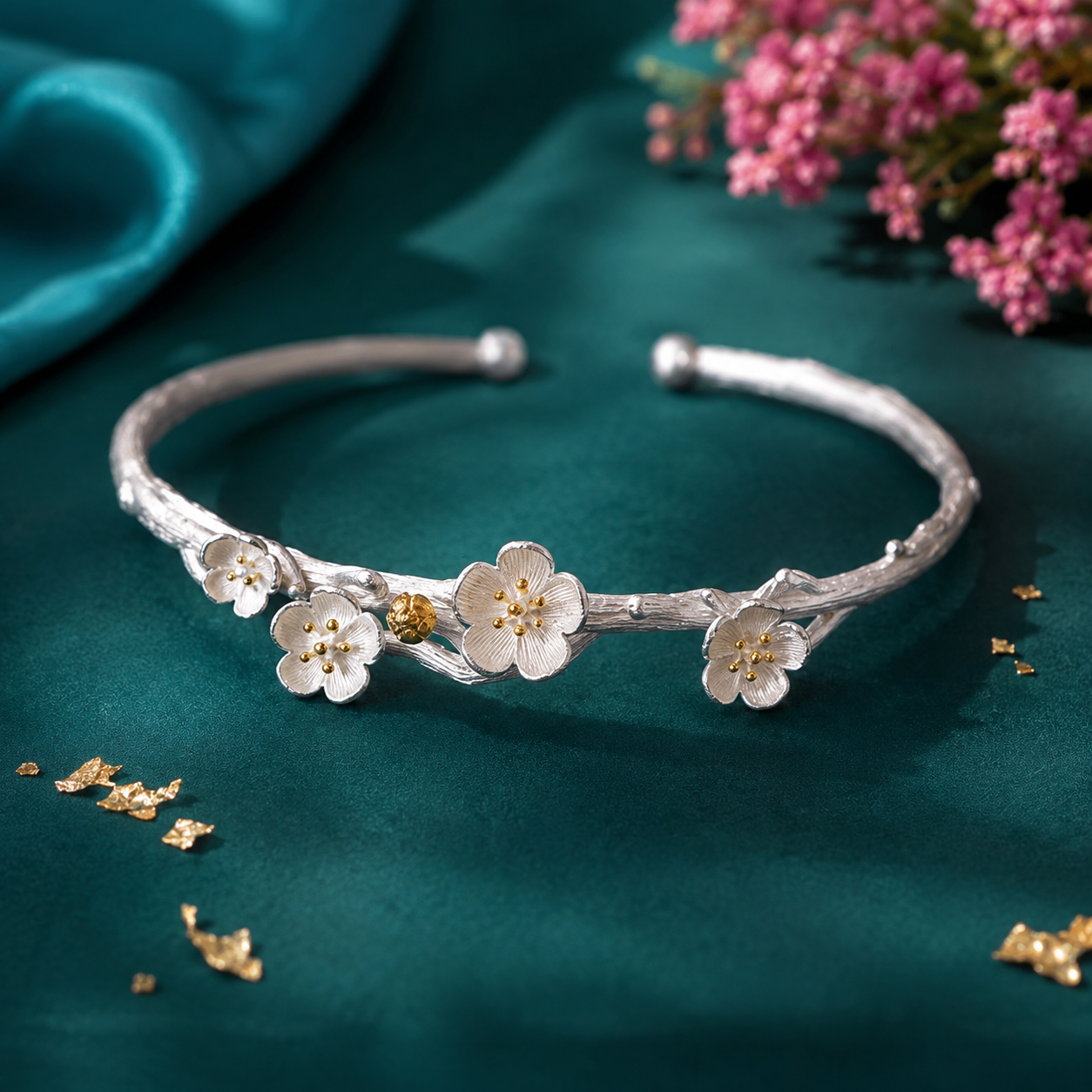 Silver floral open kada for women with delicate white flower detailing