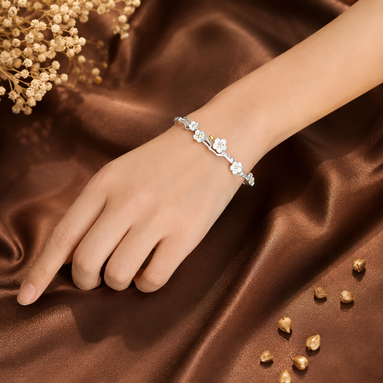 Silver floral open kada for women with delicate white flower detailing