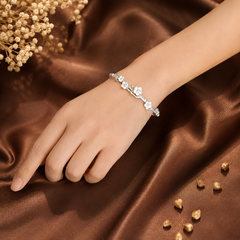 Silver floral open kada for women with delicate white flower detailing