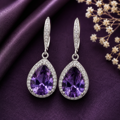 Silver teardrop drop earrings with purplecrystal stone and sparkling halo for women
